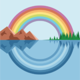 Logo- stylized rainbow over mountains and forest, reflected in a body of water